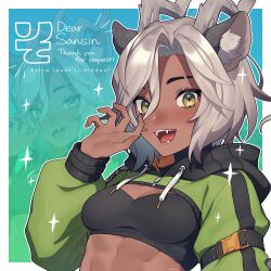 Rule 34 | 1girl, absurdres, animal ears, aqua background, artist request, blush, breasts, congratulations, dark-skinned female, dark skin, english text, fangs, graident background, green background, highres, horns, jacket, large breasts, open mouth, salute, sansin jin, scar, simple background, smile, virtual youtuber, white hair, yellow eyes