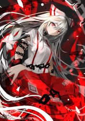 Rule 34 | 1girl, bow, closed eyes, fujiwara no mokou, hair between eyes, hair bow, highres, hiiro60, long hair, looking at viewer, multicolored bow, multiple bows, ofuda, ofuda on clothes, pants, red background, red pants, shirt, short sleeves, silver hair, solo, suspenders, touhou, very long hair, white shirt