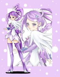 Rule 34 | 1girl, arm warmers, blush, boots, brooch, cai-man, choker, cure sword, curly hair, detached sleeves, dokidoki! precure, dress, earrings, eyelashes, fingerless gloves, gloves, hair ornament, hairclip, half updo, heart, heart brooch, high heels, highres, jewelry, kenzaki makoto, long hair, looking at viewer, magical girl, nty-in-the-house, ponytail, precure, purple background, purple dress, purple eyes, purple footwear, purple hair, purple theme, purple thighhighs, ribbon, serious, short hair, solo, spade (shape), spade earrings, spade hair ornament, thigh boots, thighhighs