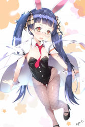 Rule 34 | 1girl, :o, animal ears, black hair, blue hair, blunt bangs, breasts, brown eyes, choi bona, cleavage, closers, coat, collarbone, detached collar, fake animal ears, fang, fishnet pantyhose, fishnets, floral background, flower, full body, glasses, gradient eyes, hair ribbon, head tilt, high heels, highleg, highleg leotard, highres, lab coat, leotard, long hair, looking at viewer, multicolored eyes, necktie, open clothes, open coat, open mouth, outstretched arms, pantyhose, plaid, playboy bunny, rabbit ears, red eyes, ribbon, rimless eyewear, ripe.c, shoes, sideboob, signature, small breasts, solo, standing, strapless, strapless leotard, thigh gap, twintails, very long hair, wrist cuffs, yellow eyes