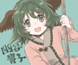 Rule 34 | 1girl, animal ears, aqua background, artist name, broom, character name, dog ears, dress, green eyes, green hair, highres, holding, holding broom, kasodani kyouko, long sleeves, looking at viewer, mimi (ikrptppt), one-hour drawing challenge, open mouth, pink dress, short hair, signature, simple background, smile, solo, touhou, upper body
