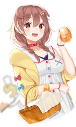 Rule 34 | 1girl, :3, :d, animal ears, bad id, bad pixiv id, basket, blurry, blurry background, bone hair ornament, braid, bread, breasts, brown eyes, brown hair, chef, chef hat, collar, commentary, cropped torso, depth of field, dog ears, dog girl, fangs, food, hair between eyes, hair ornament, hat, highres, holding, holding food, hololive, inugami korone, inugami korone (1st costume), medium breasts, nametarou (meron), open mouth, smile, solo focus, tray, twin braids, virtual youtuber, white background
