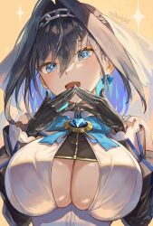 Rule 34 | + +, 1girl, black gloves, black hair, blue eyes, blue hair, blue ribbon, bow, bow earrings, breasts, chain headband, cleavage cutout, clothing cutout, covered erect nipples, cross-shaped pupils, detached sleeves, earrings, excited, gloves, hair intakes, headband, heart-shaped gem, highres, hololive, hololive english, jewelry, large breasts, looking at viewer, open mouth, ouro kronii, ribbon, ribbon earrings, sailor collar, santafe99, shirt, short hair, skindentation, sleeveless, sleeveless shirt, smile, solo, sparkle, sparkling eyes, star-shaped pupils, star (symbol), symbol-shaped pupils, underboob, underboob cutout, veil, virtual youtuber, white shirt, zipper