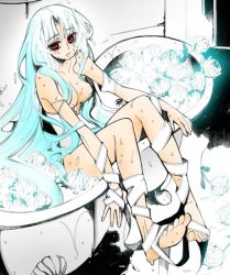 Rule 34 | 1girl, barefoot, bathtub, blue hair, cavalier of the abyss, diffor magnasethia, feet, female focus, full body, immortal regis, juder, looking at viewer, non-web source, red eyes, solo