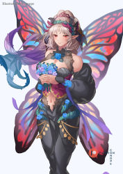 Rule 34 | 1girl, adapted costume, alternate costume, artist name, bare shoulders, blush, bouquet, breasts, bride, butterfly wings, cleavage, clothing cutout, conope, crown of thorns, detached sleeves, facial mark, fairy wings, fire emblem, fire emblem heroes, flower, forehead mark, grey hair, hair vines, holding, holding bouquet, insect wings, large breasts, looking at viewer, navel, navel cutout, nintendo, paid reward available, plant, plumeria (fire emblem), pointy ears, red eyes, simple background, smile, solo, thorns, vines, wings