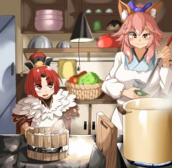 Rule 34 | 2girls, animal ear fluff, animal ears, apron, benienma (fate), blush, breasts, cabbage, closed mouth, concentrating, cooking, counter, cupboard, cutting board, eyes visible through hair, fate/extra, fate (series), feather collar, focused, fox ears, fox girl, gold trim, highres, holding, holding ladle, indoors, kitchen, ladle, large breasts, long sleeves, looking at another, multiple girls, nasunasuurin, ohitsu, open mouth, pot, red eyes, red hair, shamoji, standing, steam, stove, tamamo (fate), tamamo no mae (fate/extra), thick eyebrows, tomato, uneven eyes, white apron, wide sleeves, yellow towel