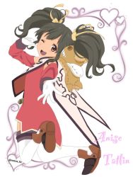 Rule 34 | 1girl, anise tatlin, black hair, brown eyes, doll, full body, gloves, long hair, looking at viewer, notos, one eye closed, open mouth, reaching, reaching towards viewer, ribbon, smile, solo, tales of (series), tales of the abyss, thighhighs, twintails
