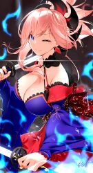 Rule 34 | 1girl, blue eyes, blue fire, blue kimono, blush, breasts, cleavage, detached sleeves, earrings, fate/grand order, fate (series), fire, hair ornament, highres, japanese clothes, jewelry, katana, kimono, large breasts, long hair, looking at viewer, miyamoto musashi (fate), miyamoto musashi (third ascension) (fate), obi, one eye closed, pink hair, ponytail, sash, short kimono, sleeveless, sleeveless kimono, solo, swept bangs, sword, tochi keisuke, weapon, wide sleeves