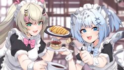 Rule 34 | 2girls, :d, absurdres, animal ears, apron, blonde hair, blue bow, blue eyes, blue hair, bow, cake, coffee cup, cup, disposable cup, fang, feeding, food, fork, fuura yuri, green eyes, hair ornament, highres, holding, holding fork, holding tray, maid headdress, multicolored hair, multiple girls, omelet, omurice, open mouth, phase connect, pink bow, pink hair, plate, pov, rinkou ashelia, smile, star (symbol), star hair ornament, streaked hair, tiger ears, tiger girl, tray, valefal coneri, virtual youtuber, wrist cuffs, x hair ornament