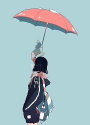 Rule 34 | 1girl, aqua scarf, backpack, bag, black hair, blue hoodie, commentary, cowboy shot, daisukerichard, flat color, from side, green background, hands in pockets, highres, holding, holding umbrella, hood, hoodie, long sleeves, mask, mouth mask, original, pink scarf, pink umbrella, scarf, simple background, snow, solo, striped clothes, striped scarf, umbrella, white scarf
