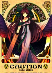 Rule 34 | 1girl, ahoge, arm cannon, bare shoulders, bow, breasts, brown hair, corrupted twitter file, dress, english text, equality taira, fire, gradient wings, green bow, hair between eyes, hair bow, hand up, highres, jewelry, large wings, long hair, medium breasts, multicolored wings, pointing, pointing up, red eyes, reiuji utsuho, smile, solo, touhou, very long hair, weapon, white dress, wings