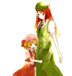Rule 34 | 2girls, ascot, beret, blonde hair, cowboy shot, dress, embodiment of scarlet devil, female focus, flandre scarlet, green dress, hat, height difference, hong meiling, hug, long hair, mob cap, multiple girls, neck ribbon, puffy short sleeves, puffy sleeves, red dress, red eyes, red hair, ribbon, short hair, short sleeves, side ponytail, simple background, star (symbol), touhou, very long hair, white background, yae (mono110)