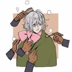 Rule 34 | 1boy, :t, adjusting scarf, bags under eyes, brushing another&#039;s hair, brushing hair, cloak, cropped torso, dark-skinned male, dark skin, disembodied limb, dressing another, dungeon meshi, elf, feeding, green cloak, grey hair, hair between eyes, hair brush, highres, holding, holding hair brush, holding spoon, kabru, looking ahead, male focus, messy hair, mithrun, notched ear, outside border, pink scarf, pointy ears, reammara, scarf, short hair, solo focus, spoon, steam, sweat, thai commentary, uneven eyes