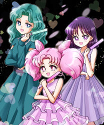 Rule 34 | bishoujo senshi sailor moon, chibi usa, dress, green dress, heart, highres, kaiou michiru, light stick, pink dress, purple dress, tomoe hotaru