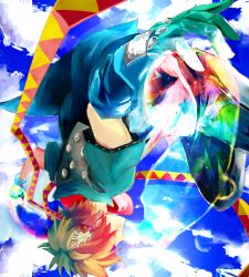 Rule 34 | 1boy, artist request, battle tendency, blonde hair, blue jacket, bubble, caesar anthonio zeppeli, cloud, cropped jacket, facial mark, falling, feather hair ornament, feathers, fingerless gloves, gloves, hair ornament, hair over eyes, headband, hydrokinesis, jacket, jojo no kimyou na bouken, male focus, outstretched arms, ribbon, scarf, sky, solo, spread arms, tegaki, upside-down, water