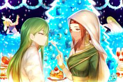 Rule 34 | 1boy, 1girl, 3boys, akasakak, arabian clothes, blonde hair, brown hair, cake, christmas, christmas tree, cloak, cropped vest, enkidu (fate), fate/grand order, fate (series), feet up, food, fork, gilgamesh, gilgamesh (caster) (fate), gilgamesh (fate), green hair, kingu (fate), long hair, looking at another, motherly, mouth veil, multiple boys, purple eyes, siduri (fate), snowball, throwing, upper body, veil, vest, wheat