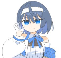 Rule 34 | 1girl, bare shoulders, black hair, blue eyes, blue hair, blue ribbon, cevio, closed mouth, clothing cutout, collar chain (jewelry), collared shirt, colored inner hair, gloves, hairband, hand up, highres, inemuri (jdq5e), jacket, light blush, long sleeves, looking at viewer, multicolored hair, neck ribbon, open clothes, open jacket, puffy long sleeves, puffy sleeves, ribbon, shirt, short hair, shoulder cutout, simple background, smile, solo, suzuki tsudumi, upper body, white background, white gloves, white hairband, white jacket, white shirt