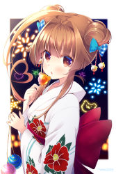 Rule 34 | 1girl, ahoge, alternate hairstyle, blush, bow, brown eyes, brown hair, candy, commentary request, double bun, eating, floral print, food, hair between eyes, hair bow, hair bun, heart, heart ahoge, highres, holding, huge ahoge, japanese clothes, jewelry, kantai collection, kimono, ko yu, kuma (kancolle), lollipop, long hair, looking at viewer, open mouth, ring, solo, upper body, water yoyo, yukata
