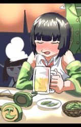 Rule 34 | 2girls, alcohol, bare shoulders, beer, beer mug, black hair, blade, blunt bangs, blush, bob cut, brown eyes, brown hair, closed eyes, clothes hanger, collared shirt, cup, detached sleeves, drunk, edamame, elbows on table, facing viewer, green vest, headgear, headphones, headphones removed, highres, holding, holding cup, japanese clothes, kimono, kyoumachi seika, letterboxed, looking at another, loose necktie, mashima jirou, mug, multiple girls, necktie, nose blush, puff of air, red necktie, shirt, short hair, sigh, sitting, sleeveless, sleeveless shirt, solo focus, touhoku kiritan, unworn vest, vest, voiceroid, white kimono, white shirt