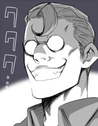 Rule 34 | 1boy, bad id, bad pixiv id, character request, check copyright, collared shirt, copyright request, evil smile, glasses, greyscale, hair slicked back, hellsing, mabataki, male focus, monochrome, opaque glasses, portrait, round eyewear, shirt, short hair, sideburns, smile, solo