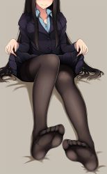 Rule 34 | 1girl, black hair, black pantyhose, blouse, blue shirt, blush, breasts, cleavage, clothes lift, feet, foot focus, highres, lifted by self, long hair, pantyhose, pov, shirt, simple background, sitting, skirt, skirt lift, smile, soles, solo, toes