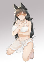 Rule 34 | 1girl, absurdres, animal ears, atago (azur lane), atago (summer march) (azur lane), azur lane, bikini, black hair, blush, breasts, brown eyes, commentary request, foodtoyc, highres, large breasts, long hair, looking at viewer, mole, mole under eye, ribbon, sarong, smile, solo, swimsuit, uniform, white bikini