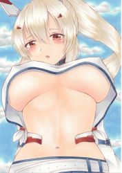 Rule 34 | 1girl, 5149, absurdres, alternate breast size, arms behind back, ayanami (azur lane), azur lane, belt, blue sky, blush, breasts, choker, cloud, cloudy sky, commentary request, covered erect nipples, detached sleeves, embarrassed, from below, hair ornament, hairclip, head tilt, headgear, highres, large breasts, long hair, looking at viewer, looking down, marker (medium), midriff, navel, orange eyes, parted lips, pleated skirt, ponytail, resolution mismatch, retrofit (azur lane), school uniform, serafuku, silver hair, skirt, sky, solo, source smaller, traditional media, underboob, upshirt