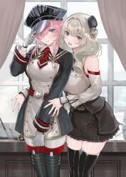 Rule 34 | 2girls, :d, azur lane, bare shoulders, black footwear, black headwear, blue eyes, boots, breasts, closed mouth, commentary request, cowboy shot, dress, gloves, grey dress, grey eyes, grey hair, hat, highres, long hair, looking at viewer, luetzow (azur lane), medium breasts, military hat, multiple girls, necktie, open mouth, peaked cap, pink hair, red nails, red necktie, seydlitz (azur lane), smile, takeakigaku, thigh boots, thighs, uniform, white gloves