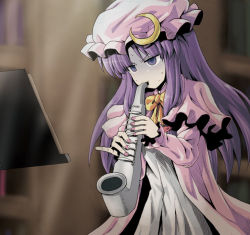 Rule 34 | 1girl, blurry, bow, bowtie, capelet, crescent, depth of field, dress, hair bow, hat, instrument, kamishima kanon, long hair, long sleeves, mob cap, music, pajamas, parted bangs, patchouli knowledge, pinky out, playing instrument, purple hair, red bow, ringed eyes, saxophone, sidelocks, solo, sweat, touhou, turn pale, upper body, white dress, yellow bow, yellow bowtie