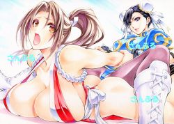 Rule 34 | 2girls, ass, black eyes, black hair, boots, bracelet, breasts, brown eyes, brown hair, capcom, chun-li, cleavage, crossover, fatal fury, female focus, jewelry, large breasts, long hair, matching hair/eyes, multiple girls, ninja, open mouth, pantyhose, pelvic curtain, ponytail, restrained, revealing clothes, shiranui mai, smile, spiked bracelet, spikes, strap gap, street fighter, surprised, white footwear, yqgkg