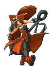 Rule 34 | 1girl, absurdres, anchor, arc system works, bicorne, brown hair, gloves, guilty gear, guilty gear x, guilty gear xx, guilty gear xx accent core, hat, highres, long hair, may (guilty gear), official art, orange hat, orange shirt, pantyhose, pirate, pirate hat, salute, shirt, skull and crossbones, solo
