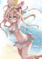 Rule 34 | 10s, 1girl, abukuma (kancolle), armpits, arms up, backlighting, ball, beach, beachball, bikini, blonde hair, blue eyes, breasts, cleavage, collarbone, cowboy shot, day, expressionless, flipped hair, frilled bikini, frills, hair between eyes, hair intakes, kantai collection, looking at viewer, medium breasts, meguri uguisu, navel, outdoors, outstretched arms, scrunchie, short hair with long locks, solo, swimsuit, tareme, water, wrist scrunchie, wristband