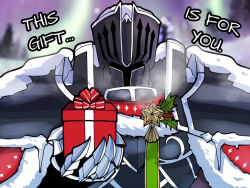 Rule 34 | armor, black knight (fire emblem), black knight (winter) (fire emblem), christmas, christmas ornaments, facing viewer, fire emblem, fire emblem heroes, fog, gift, holding, holding gift, knight, looking at viewer, mnejing30, nintendo, official alternate costume, pine tree, snow, tree, upper body