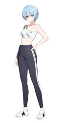 Rule 34 | 1girl, absurdres, bare arms, bare shoulders, black pants, blue hair, breasts, crop top, full body, hand on own hip, highres, looking at viewer, midriff, navel, original, pants, photo-referenced, purple eyes, shoes, short hair, shoulder tattoo, simple background, sleeveless, small breasts, solo, sports bra, standing, tattoo, track pants, ugwa, white background, white footwear, white sports bra
