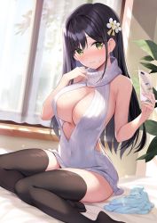 Rule 34 | 1girl, black hair, black thighhighs, blush, breasts, cellphone, cleavage, closed mouth, flower, green eyes, hair flower, hair ornament, highres, holding, holding phone, large breasts, oryo (oryo04), panties, phone, sitting, sleeveless, sleeveless sweater, solo, sweatdrop, sweater, thighhighs, turtleneck, turtleneck sweater, underwear, unworn panties, white sweater