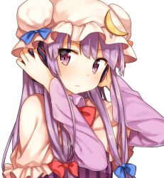 Rule 34 | 1girl, arms up, bad id, bad twitter id, bow, capelet, crescent, hair bow, hair ornament, hat, hat bow, headphones, long hair, long sleeves, looking at viewer, mob cap, patchouli knowledge, portrait, purple eyes, purple hair, shinova, shnva, simple background, solo, touhou, white background