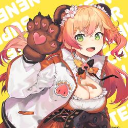 Rule 34 | 1girl, animal ears, bear ears, bear paws, blonde hair, blush, breasts, cleavage cutout, clothing cutout, flower, green eyes, hair between eyes, hair flower, hair ornament, hololive, long hair, looking at viewer, momosuzu nene, ninomae ina&#039;nis (artist), open mouth, short hair, smile, solo, virtual youtuber