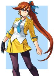 Rule 34 | 1girl, ace attorney, athena cykes, bad id, bad pixiv id, black pantyhose, blue eyes, blue necktie, brown hair, crescent, crescent earrings, cropped jacket, earrings, gloves, hair between eyes, hair ribbon, jacket, jewelry, long hair, lotter75, miniskirt, necklace, necktie, pantyhose, partially fingerless gloves, phoenix wright: ace attorney - dual destinies, ribbon, side ponytail, single glove, skirt, solo, very long hair, yellow jacket, yellow skirt