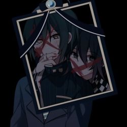 Rule 34 | 2boys, ahoge, black hair, black jacket, blood, blood on hands, blush, breast pocket, brown eyes, buttons, checkered clothes, checkered neckwear, checkered scarf, commentary request, cross, danganronpa (series), danganronpa v3: killing harmony, dark background, double-breasted, grey jacket, hair between eyes, hand up, hug, hug from behind, iei, jacket, licking lips, long sleeves, looking at viewer, lowres, male focus, multiple boys, oma kokichi, pocket, qiao xing, saihara shuichi, scarf, short hair, simple background, smile, striped clothes, striped jacket, sweatdrop, tongue, tongue out, upper body