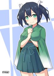 Rule 34 | 1girl, artist logo, between breasts, blue hair, breasts, cowboy shot, green kimono, green skirt, hair ribbon, hakama, hakama short skirt, hakama skirt, highres, japanese clothes, kantai collection, kimono, large breasts, long sleeves, pepatiku, pleated skirt, ribbon, skirt, solo, souryuu (kancolle), twintails, white background, wide sleeves