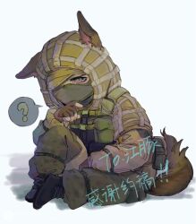 Rule 34 | 1boy, ?, animal ears, black gloves, blue eyes, boots, brown jacket, camouflage, camouflage pants, covered mouth, fingerless gloves, fox boy, fox ears, fox tail, gloves, green pants, guanzi yoo, highres, jacket, kapkan (rainbow six siege), male focus, pants, rainbow six siege, simple background, sitting, solo, tail, translation request, white background