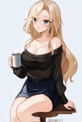 Rule 34 | 1girl, bare shoulders, black sweater, blonde hair, blue eyes, blue skirt, blush, breasts, cleavage, collarbone, cup, dimos (dawn 1945), highres, holding, holding cup, hornet (kancolle), kantai collection, large breasts, long hair, long sleeves, looking at viewer, mug, off-shoulder sweater, off shoulder, parted lips, pencil skirt, simple background, sitting, skirt, solo, stool, sweater, twitter username