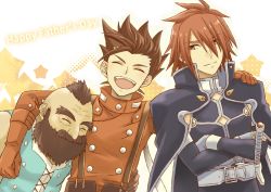 Rule 34 | 3boys, beard, belt, brown hair, closed mouth, crossed arms, dirk (tales), closed eyes, facial hair, father&#039;s day, gloves, happy, kratos aurion, lloyd irving, male focus, mohawk, multiple boys, open mouth, red eyes, red gloves, red hair, red shirt, saklo, shirt, smile, spiked hair, spoilers, tales of (series), tales of symphonia, upper body