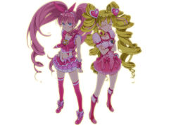 Rule 34 | 00s, 10s, 2girls, blonde hair, blue eyes, boots, bow, breasts, choker, color connection, cure melody, cure peach, curly hair, dress, earrings, fresh precure!, hair ornament, hairpin, heart, heart hair ornament, highres, houjou hibiki, jewelry, knee boots, long hair, magical girl, midriff, momozono love, multiple girls, pink bow, pink eyes, pink footwear, pink hair, pink legwear, precure, ribbon, ribbon choker, sakura kotetsu, shoes, short shorts, shorts, small breasts, smile, suite precure, thighhighs, twintails, white background, wrist cuffs