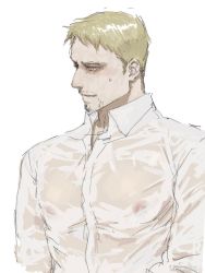 Rule 34 | 1boy, bara, blonde hair, blush, collared shirt, covered erect nipples, facial hair, goggles, large pectorals, male focus, mrs.yega (nai0026er), pectoral focus, pectorals, reiner braun, see-through, shingeki no kyojin, shirt, short hair, sideburns, solo, stubble, sweatdrop, toned, toned male, unfinished, upper body, wet, wet clothes, wet shirt, white background