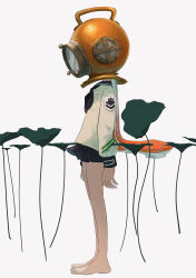 1girl absurdres barefoot blue_skirt commentary_request diving_helmet from_side full_body helmet highres inkling inkling_girl inkling_player_character long_hair nintendo orange_hair pleated_skirt pppmepl sailor_collar sailor_shirt shirt skirt solo splatoon_(series) standing tentacle_hair white_shirt