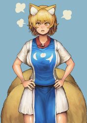Rule 34 | 1girl, absurdres, animal ears, blonde hair, blue background, breasts, brooch, chanta (ayatakaoisii), colored skin, cowboy shot, fox ears, fox tail, hands on own hips, highres, huge breasts, jewelry, looking at viewer, miniskirt, multiple tails, open mouth, shirt, short hair, short sleeves, simple background, skirt, slit pupils, solo, sweat, tabard, tail, touhou, white shirt, white skin, yakumo ran, yellow eyes