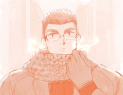 Rule 34 | 1boy, adjusting scarf, alternate costume, bara, breath, broad shoulders, glasses, highres, looking at viewer, male focus, monochrome, motoori shiro, orange theme, portrait, scarf, short hair, solo, straight-on, thick eyebrows, tokyo houkago summoners, tyou, winter