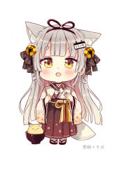 Rule 34 | 1girl, :o, absurdres, animal ears, bell, black bow, black footwear, black ribbon, bow, bowl, brown hakama, chibi, diagonal-striped bow, fang, fox, fox ears, fox girl, fox tail, full body, grey hair, hair bell, hair bow, hair ornament, hair ribbon, hakama, hakama skirt, highres, in bowl, in container, japanese clothes, jingle bell, kimono, long sleeves, looking at viewer, multicolored hair, open mouth, original, pink hair, ribbon, sakura oriko, sandals, short eyebrows, simple background, skirt, solo, standing, tabi, tail, thick eyebrows, translated, two-tone hair, white background, white kimono, white legwear, wide sleeves, yellow eyes, zouri
