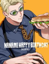 Rule 34 | 1boy, 2022, animal print, blonde hair, blue shirt, bread, character name, cheese, collared shirt, dated, eating, food, goggles, happy birthday, highres, holding, holding food, jujutsu kaisen, leopard print, lettuce, looking at viewer, male focus, nanami kento, necktie, necktie in pocket, sano maru, shirt, short hair, solo, suspenders, watch, wristwatch, yellow necktie